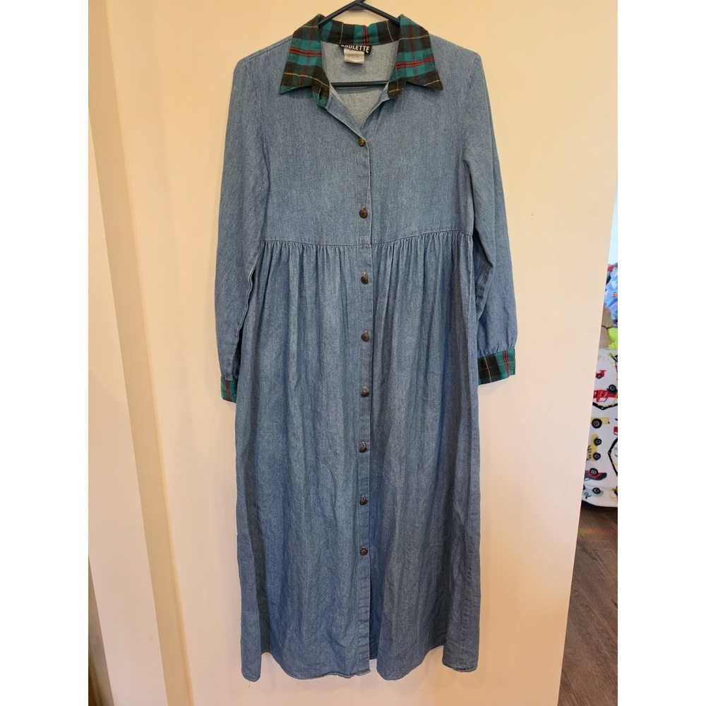 Vintage Roulette Chambray Button Front Prairie Dress Plaid‎ Collar Cottagecore